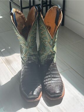 Men's Black Exotic Leather Western Boots with Green Embroidered Shaft